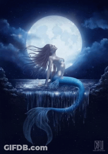 A Mermaid Is Sitting On A Rock In Front Of A Blue Moon GIF