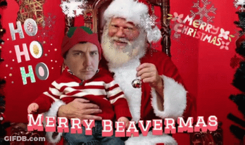 A Merry Beavermas Greeting Card With Santa And A Baby GIF