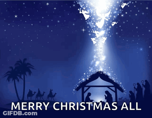 A Merry Christmas All Poster With A Nativity Scene GIF