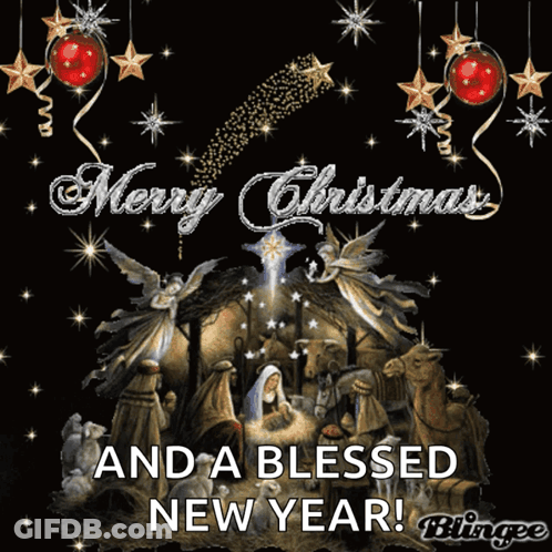 A Merry Christmas And A Blessed New Year Card With A Nativity Scene GIF