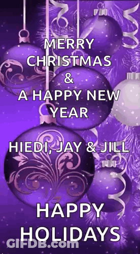 A Merry Christmas And A Happy New Year Greeting Card With Purple Christmas Ornaments GIF