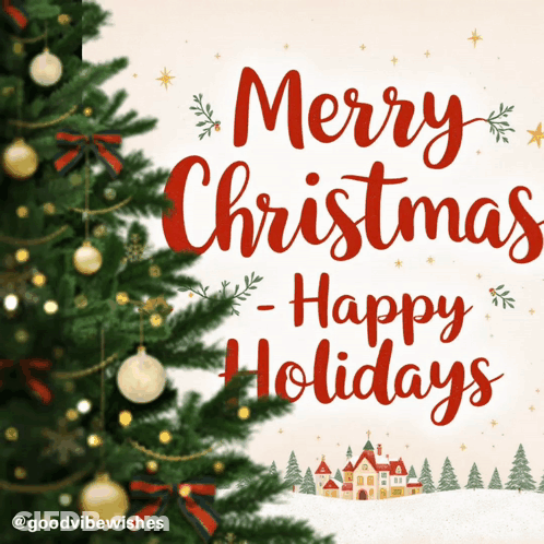 A Merry Christmas And Happy Holidays Card With A Christmas Tree In The Foreground GIF