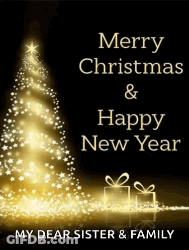 A Merry Christmas And Happy New Year Card With A Christmas Tree And Gifts GIF