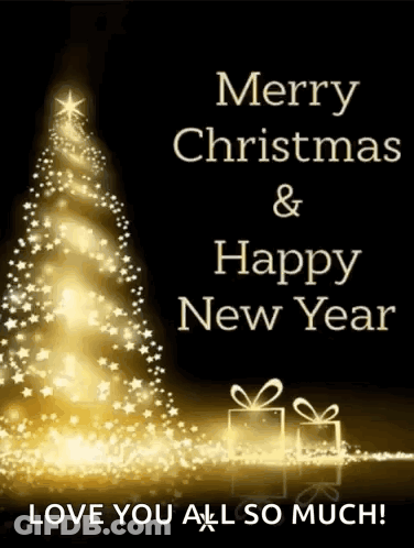 A Merry Christmas And Happy New Year Card With A Christmas Tree And Presents GIF