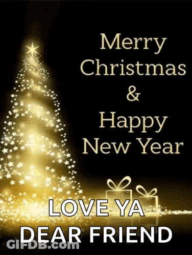A Merry Christmas And Happy New Year Card With A Christmas Tree Made Of Stars GIF