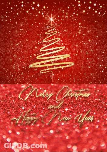 A Merry Christmas And Happy New Year Card With A Christmas Tree On A Red Background GIF