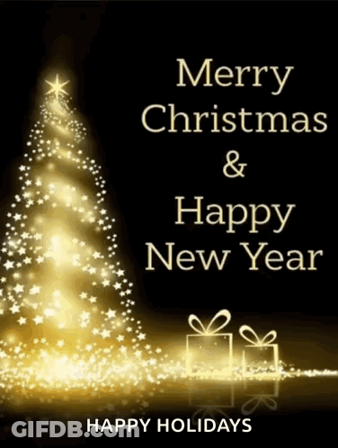 A Merry Christmas And Happy New Year Card With A Golden Christmas Tree GIF