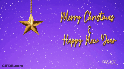 A Merry Christmas And Happy New Year Card With Gold Ornaments GIF