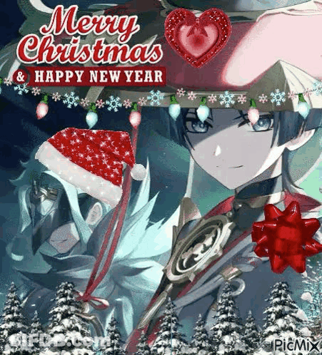 A Merry Christmas And Happy New Year Greeting Card With A Anime Character Wearing A Santa Hat And Holding A Sword . GIF