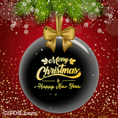 A Merry Christmas And Happy New Year Greeting Card With A Black Christmas Ball GIF