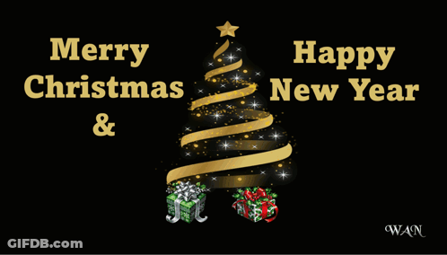 A Merry Christmas And Happy New Year Greeting Card With A Christmas Tree And Presents GIF