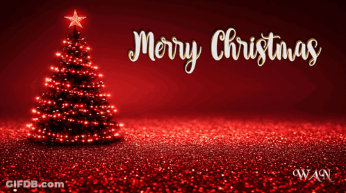 A Merry Christmas And Happy New Year Greeting Card With A Christmas Tree In The Background GIF