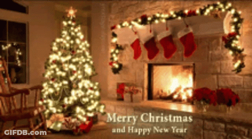 A Merry Christmas And Happy New Year Greeting Card With A Fireplace And Christmas Tree GIF