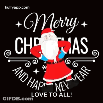 A Merry Christmas And Happy New Year Greeting Card With Santa Claus On A Black Background GIF