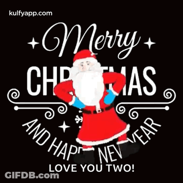 A Merry Christmas And Happy New Year Greeting Card With Santa Claus On A Black Background GIF
