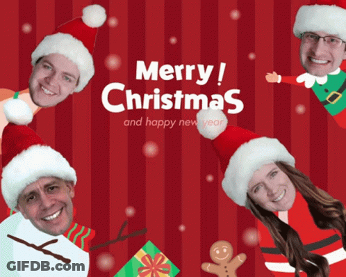A Merry Christmas And Happy New Year Greeting Card With Santa Hats GIF