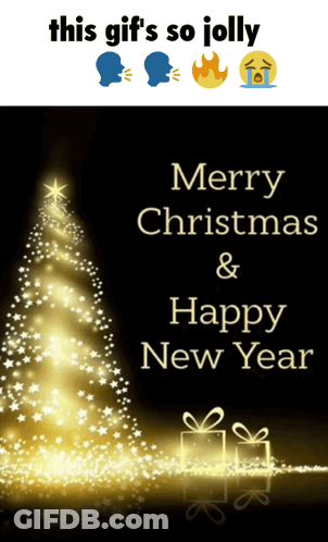 A Merry Christmas And Happy New Year Poster With A Christmas Tree GIF