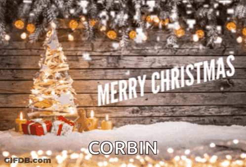 A Merry Christmas Card For Corbin With A Christmas Tree And Candles GIF