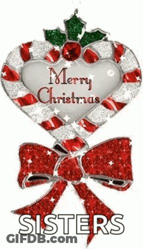 A Merry Christmas Card For Sisters With A Candy Cane In The Shape Of A Heart With A Bow . GIF