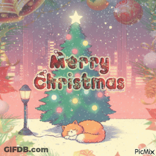 A Merry Christmas Card With A Cat Sleeping Under A Tree GIF