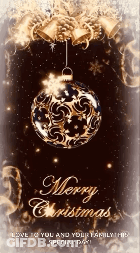 A Merry Christmas Card With A Christmas Ball And Bells On A Dark Background . GIF