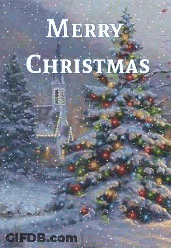 A Merry Christmas Card With A Christmas Tree And A Church GIF