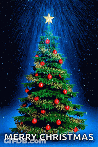 A Merry Christmas Card With A Christmas Tree And A Star GIF