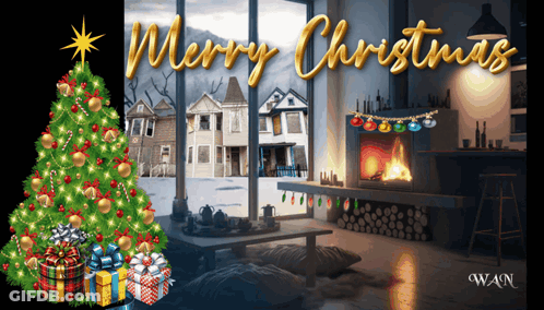 A Merry Christmas Card With A Christmas Tree And Gifts GIF