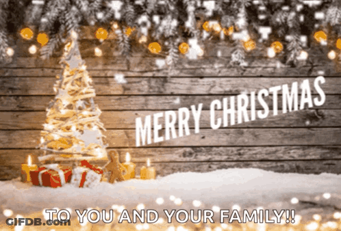A Merry Christmas Card With A Christmas Tree And Presents GIF