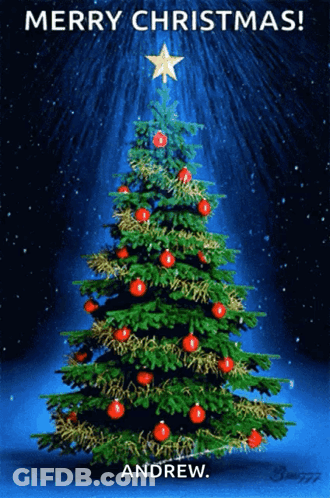 A Merry Christmas Card With A Christmas Tree And The Name Andrew On The Bottom GIF