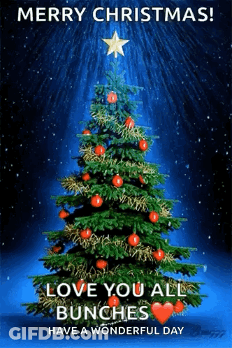 A Merry Christmas Card With A Christmas Tree And The Words Love You All Bunches Have A Wonderful Day GIF