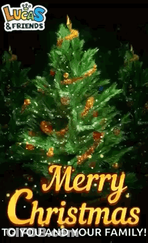 A Merry Christmas Card With A Christmas Tree And The Words Merry Christmas To You And Your Family . GIF