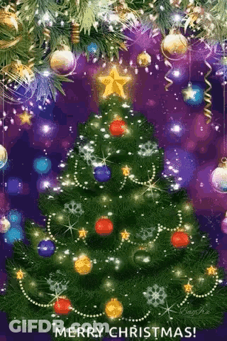 A Merry Christmas Card With A Christmas Tree Decorated With Balls And A Star . GIF