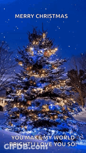 A Merry Christmas Card With A Christmas Tree In The Background GIF