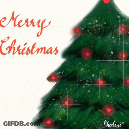 A Merry Christmas Card With A Christmas Tree In The Foreground GIF