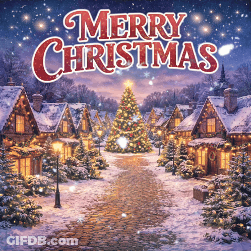 A Merry Christmas Card With A Christmas Tree In The Middle Of A Snowy Village GIF
