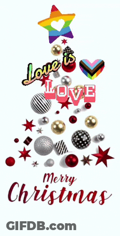 A Merry Christmas Card With A Christmas Tree Made Of Ornaments GIF