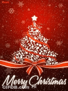 A Merry Christmas Card With A Christmas Tree Made Of Stars And Ribbons . GIF