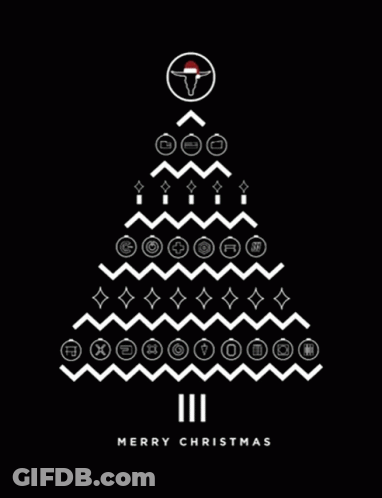 A Merry Christmas Card With A Christmas Tree Made Up Of Icons GIF
