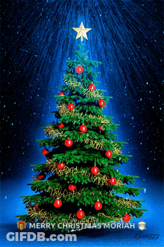 A Merry Christmas Card With A Christmas Tree With Red Ornaments GIF