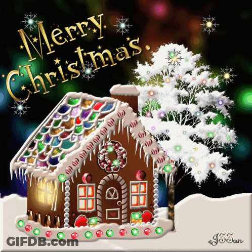 A Merry Christmas Card With A Gingerbread House And A Snowy Tree GIF