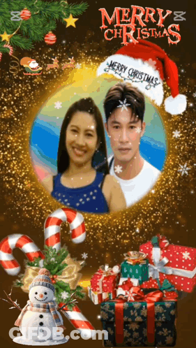 A Merry Christmas Card With A Man And Woman GIF