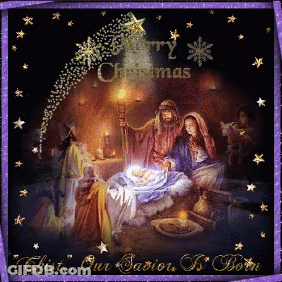 A Merry Christmas Card With A Nativity Scene GIF