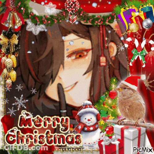 A Merry Christmas Card With A Picture Of A Girl And A Bird GIF