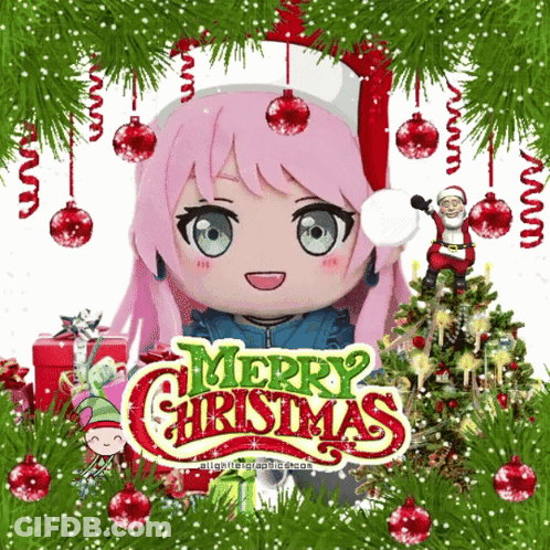 A Merry Christmas Card With A Pink Haired Anime Girl GIF