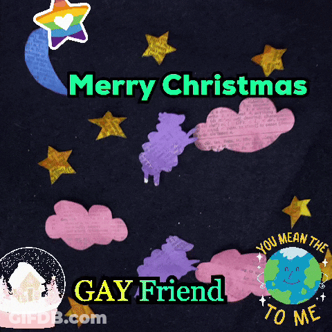 A Merry Christmas Card With A Rainbow Star And Clouds GIF