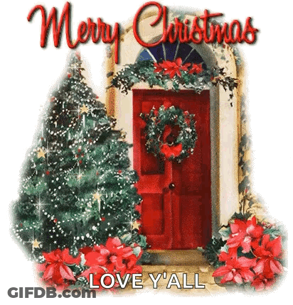 A Merry Christmas Card With A Red Door , Christmas Trees And Poinsettia . GIF