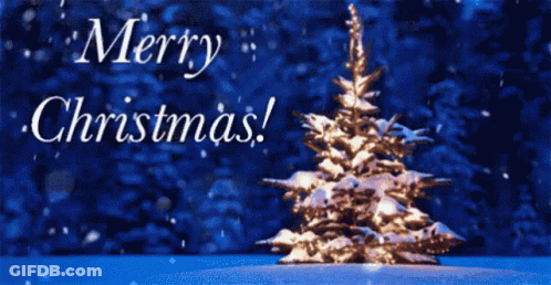 A Merry Christmas Card With A Snowy Christmas Tree GIF