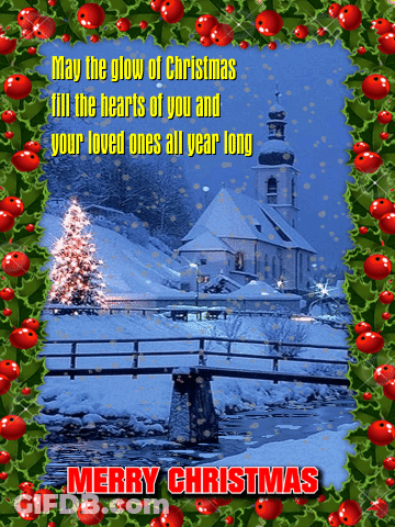 A Merry Christmas Card With A Snowy Church And A Bridge GIF