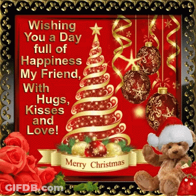 A Merry Christmas Card With A Teddy Bear Wearing A Santa Hat GIF